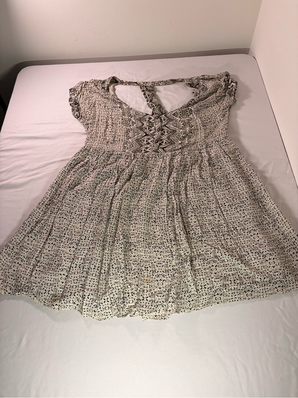 Cream Printed Summer Dress with Lace-Up Back - Picture 1 of 4